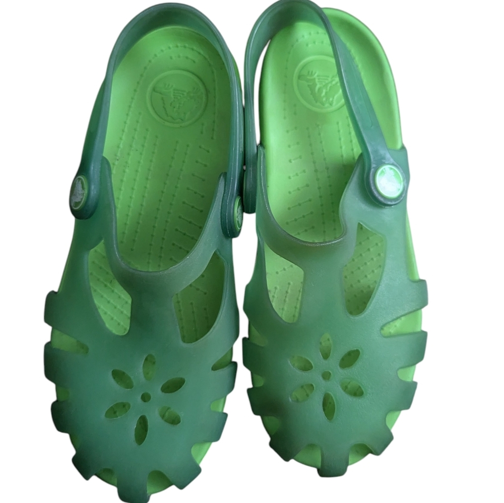 CROCS SHIRLEY JELLY GREEN FLORAL CUTOUT SLINGBACK SLIP ON CLOG SANDAL -J1